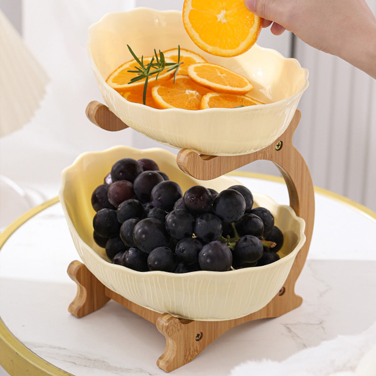 Nutshell multi-layer fruit tray set - drop resistant with two bowls displaying oranges and grapes
