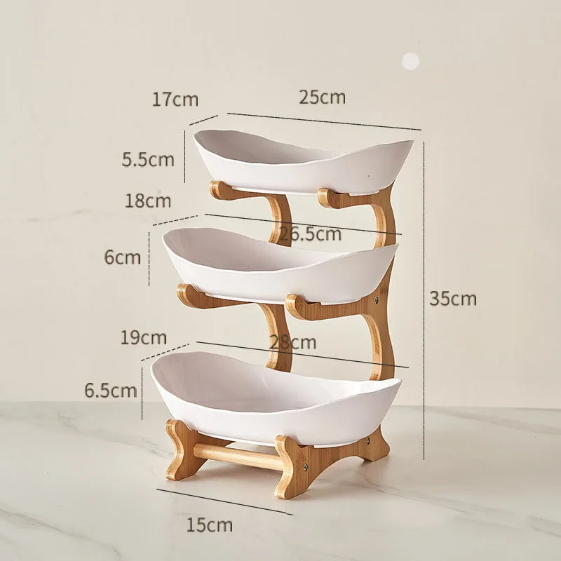 Nutshell multi-tier serving stand with three white fruit bowls and wooden frame dimensions