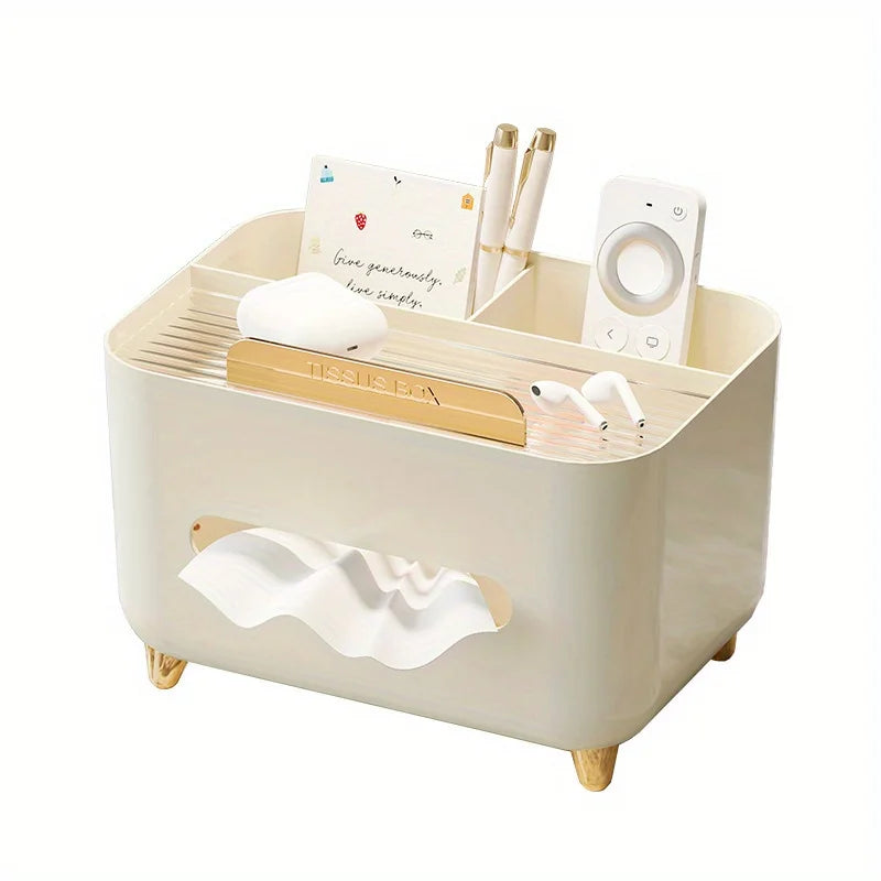 Nutshell multifunctional desk organizer with tissue box in beige with compartments for pens, remote, and notes