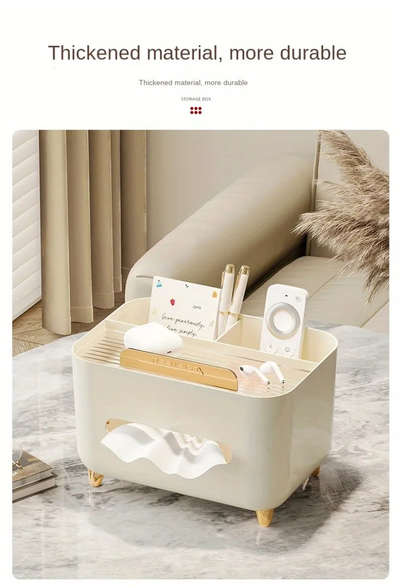 Nutshell multifunctional desk organizer with tissue box in cream color on marble table