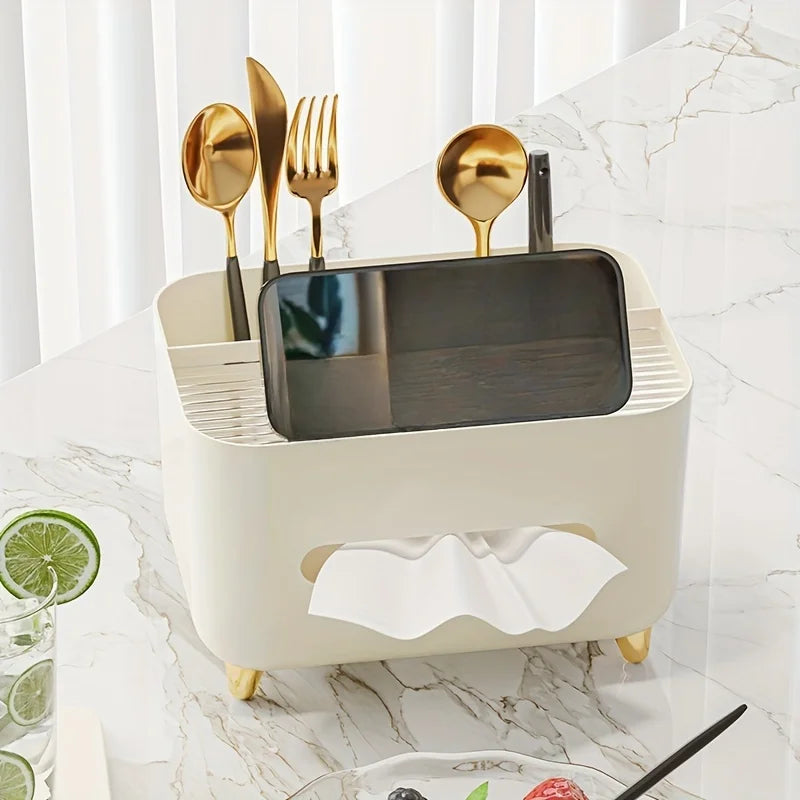 Nutshell multifunctional desk organizer with tissue box and gold cutlery storage on marble countertop