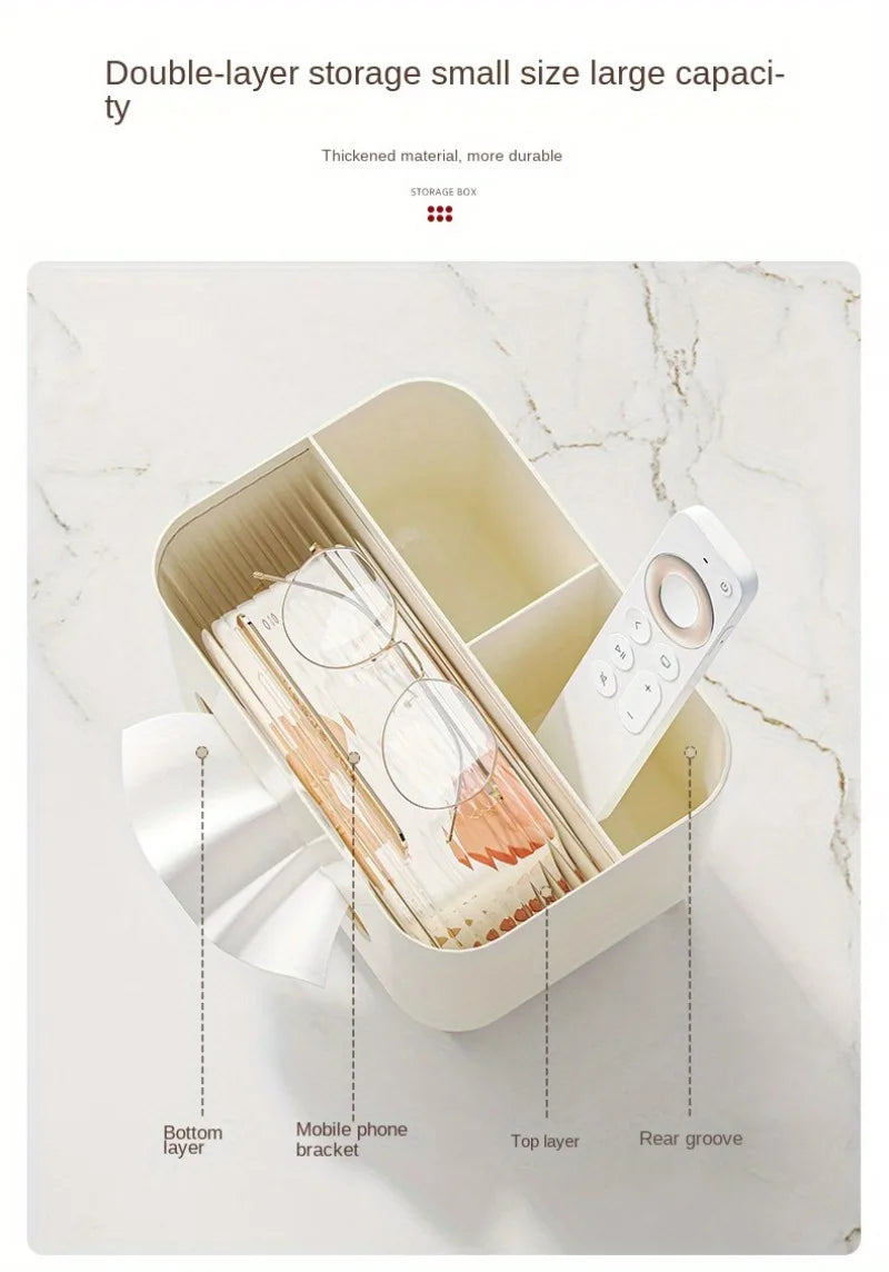 Nutshell multifunctional desk organizer with tissue box in beige with double-layer storage and compartments for glasses and remote