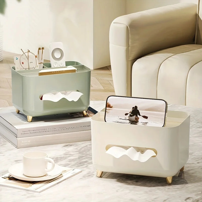 Nutshell multifunctional desk organizer with tissue box in beige and green for bathroom or office use