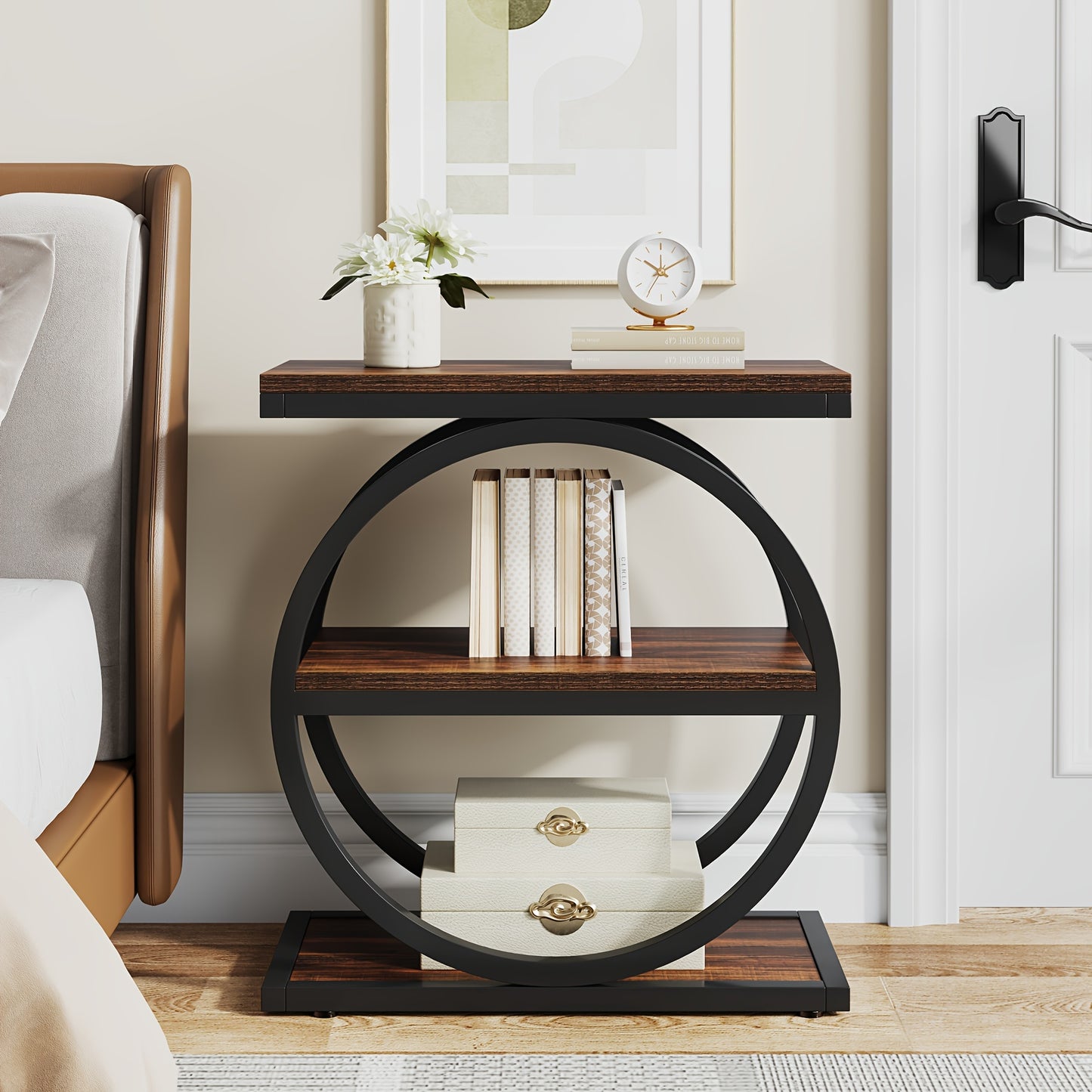 Narrow End Table With 3 Storage Shelves featuring a stylish circular design and two open shelves