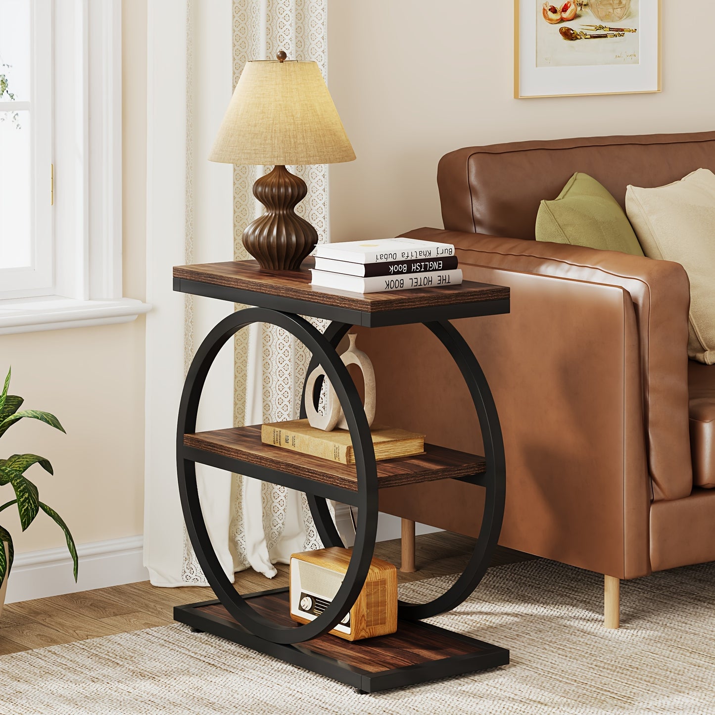 Narrow End Table With 3 Storage Shelves featuring a stylish design next to a cozy sofa