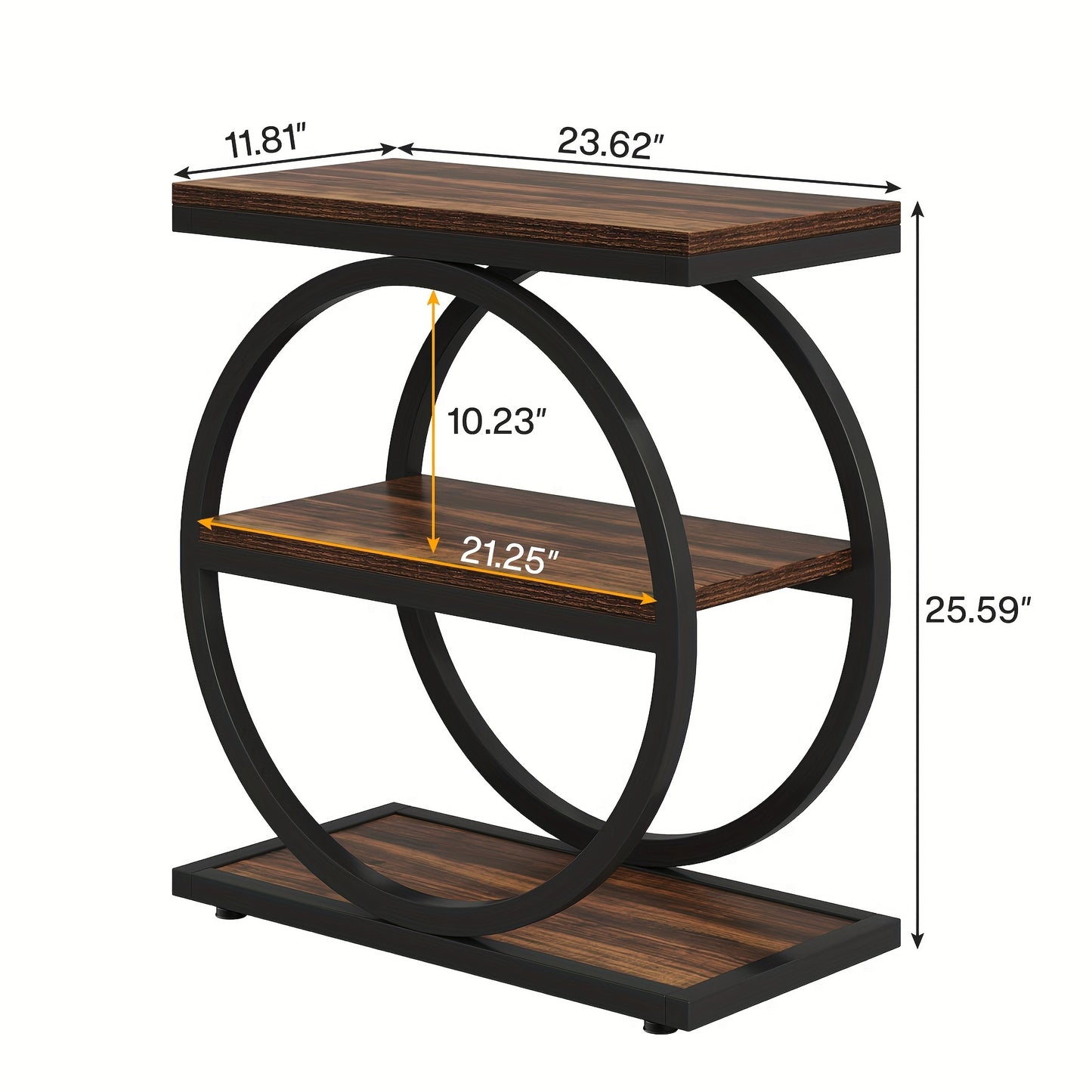 Narrow End Table With 3 Storage Shelves featuring a circular design and dark wood finish