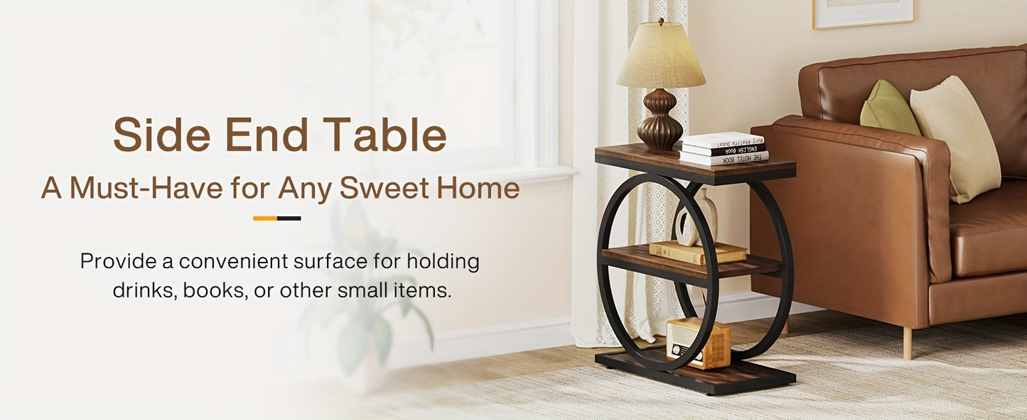 Narrow End Table With 3 Storage Shelves perfect for holding drinks and books in a cozy living space