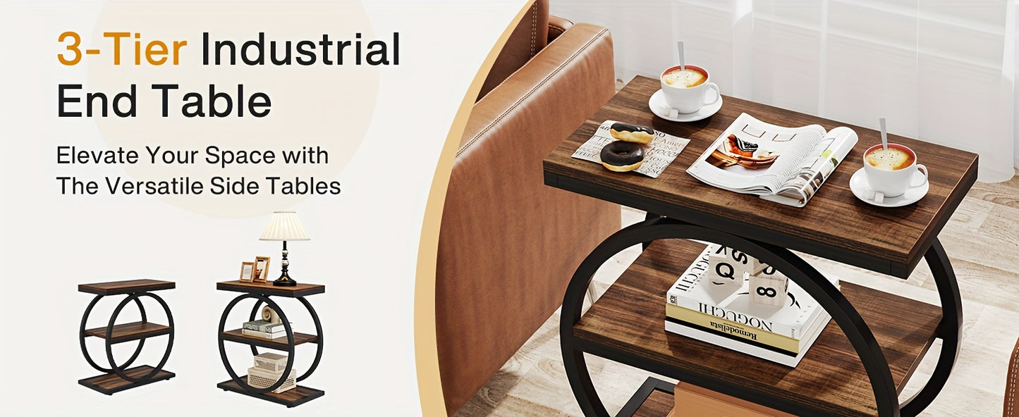 Narrow End Table With 3 Storage Shelves in Industrial Style for Versatile Home Decor