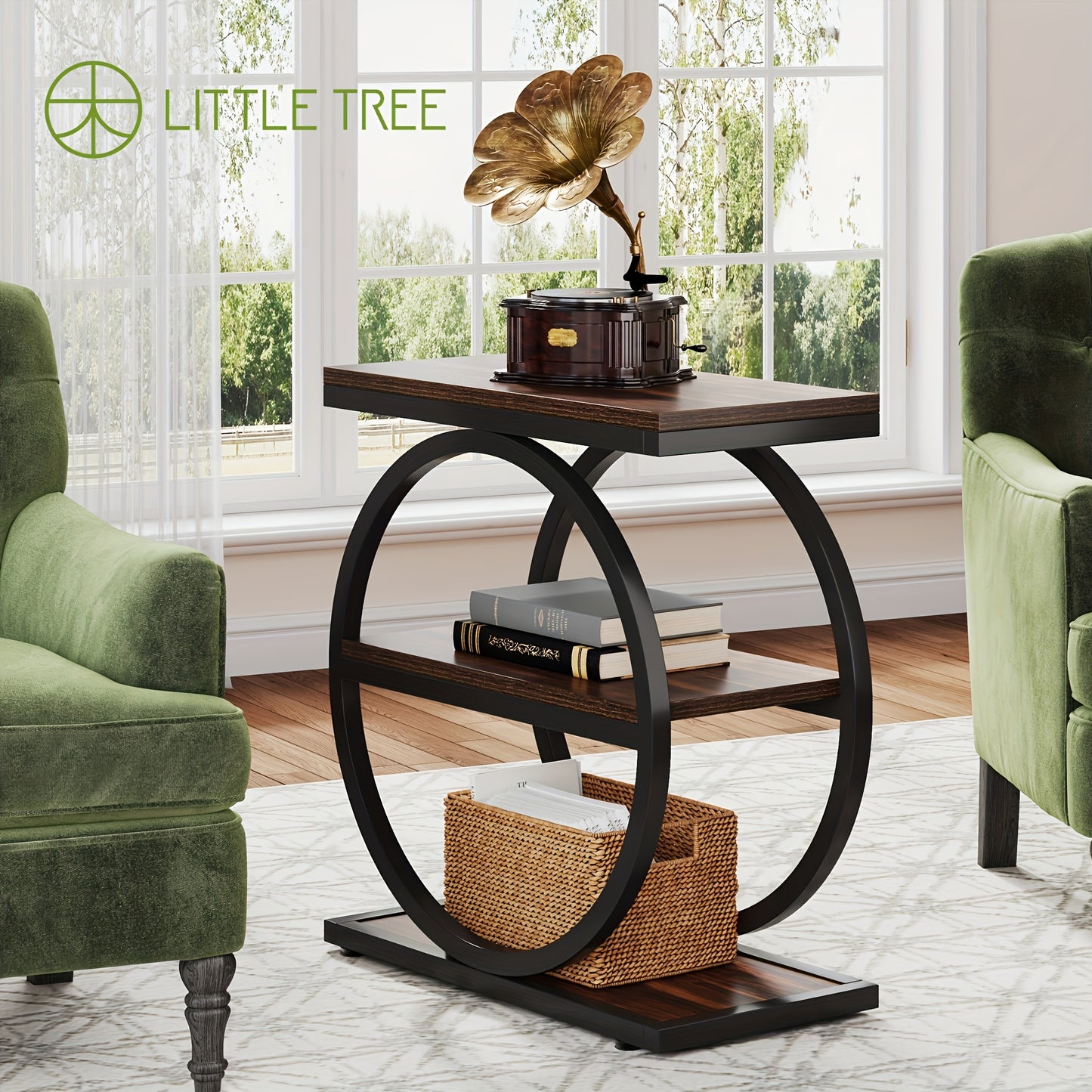 Narrow End Table With 3 Storage Shelves featuring a modern design and circular base for stylish organization