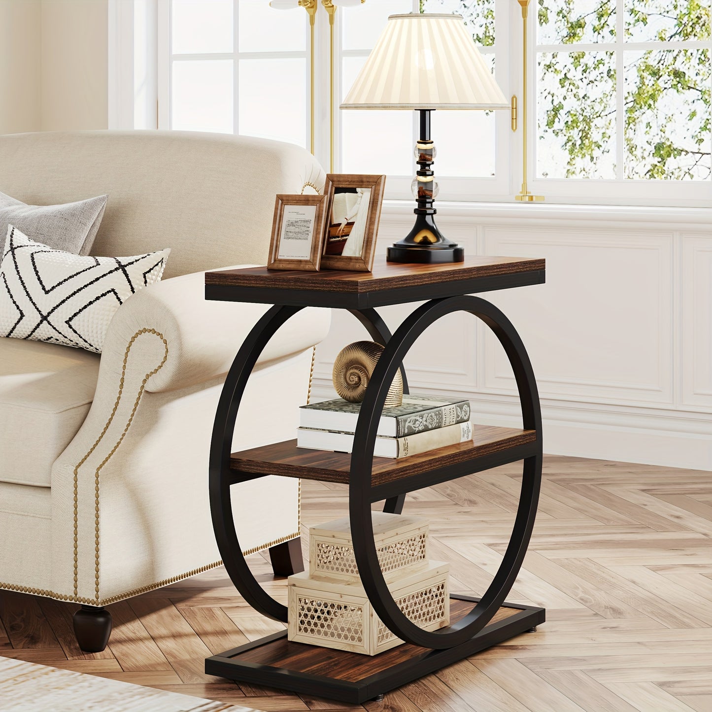 Narrow End Table With 3 Storage Shelves in modern design featuring circular base and wood top