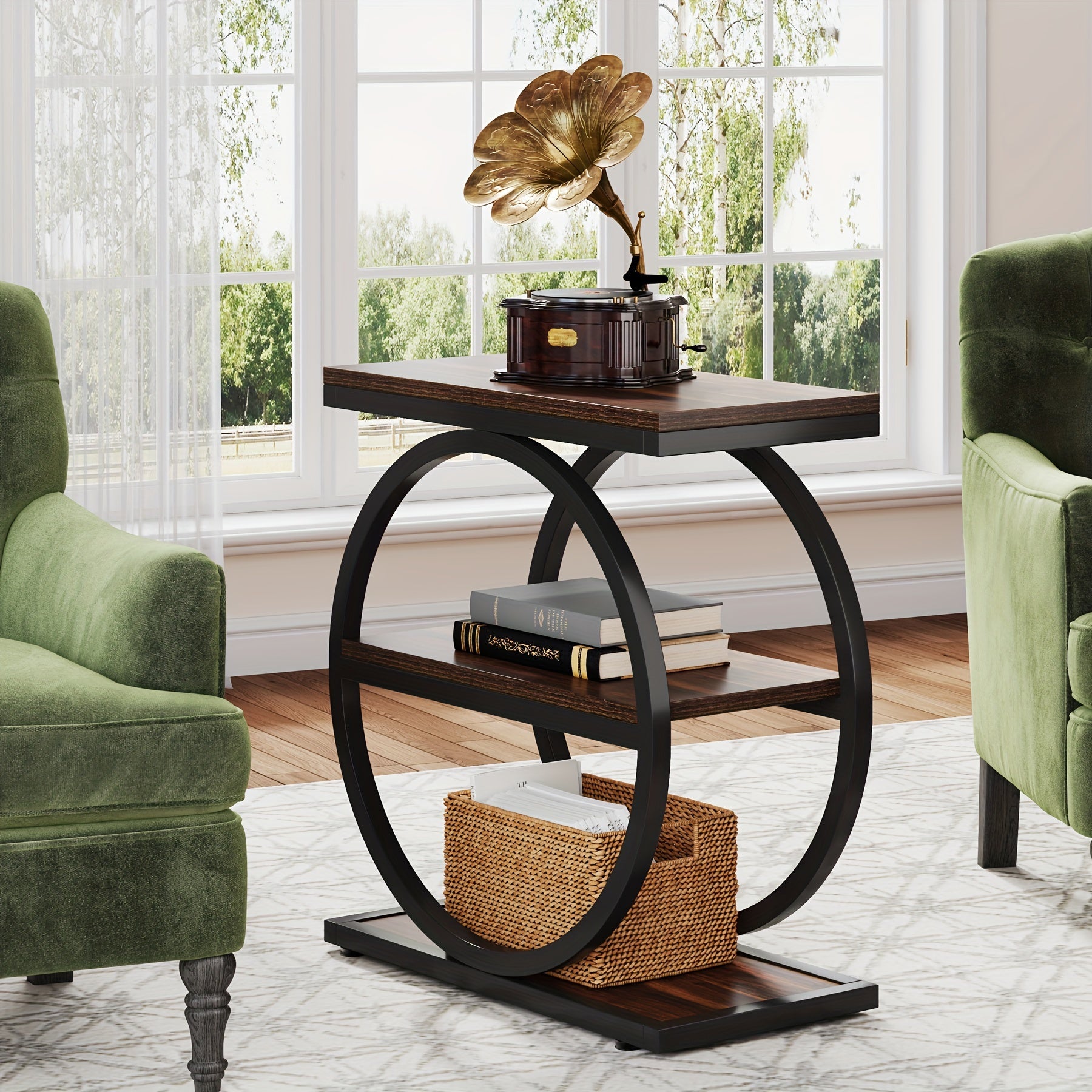 Narrow End Table With 3 Storage Shelves featuring a round design and sturdy metal frame