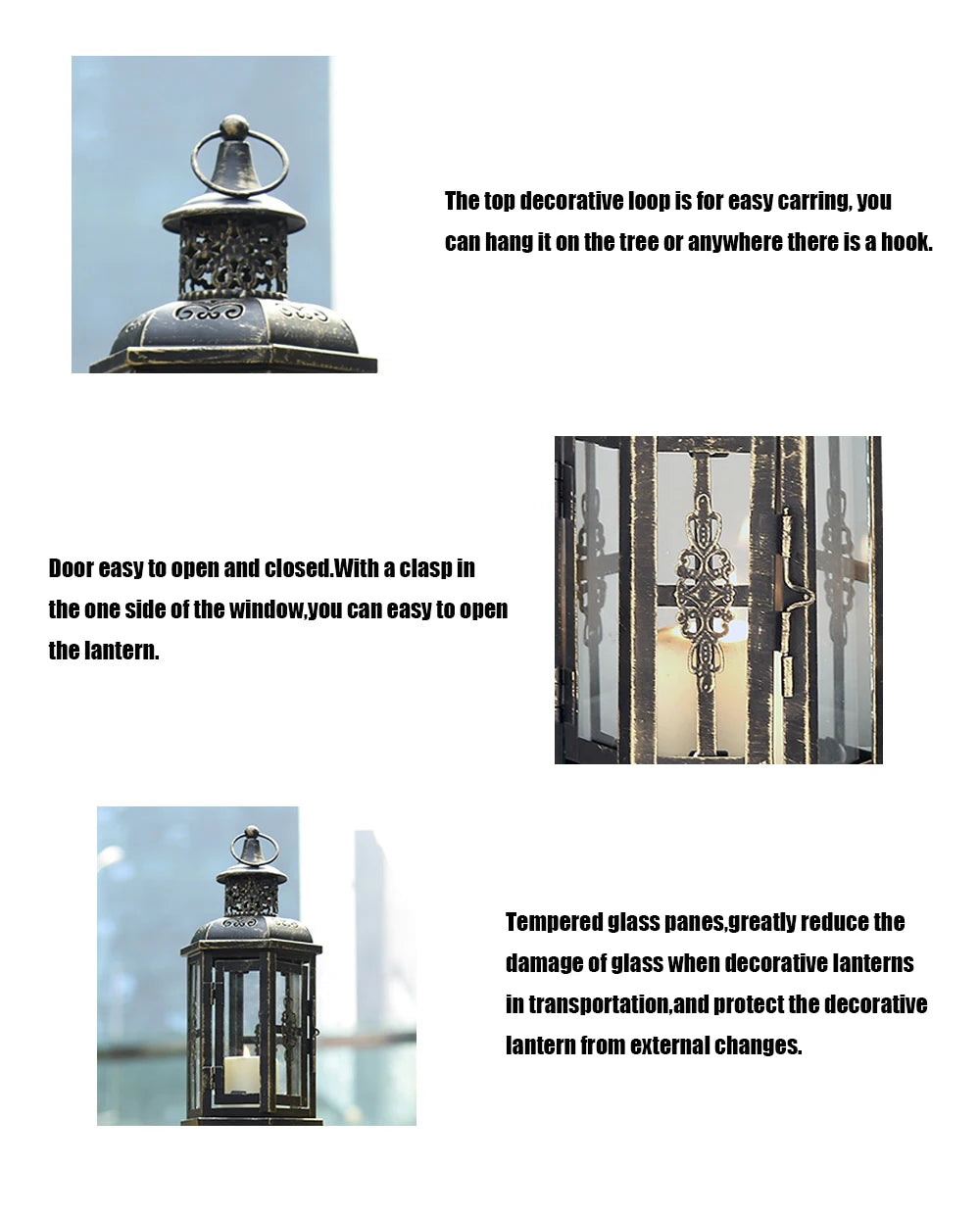 Nutshell vintage candle holder lanterns with decorative top loop glass panes and easy-open door