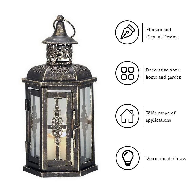 Nutshell vintage candle holder lanterns with ornate metal frame and glass panels for home decor