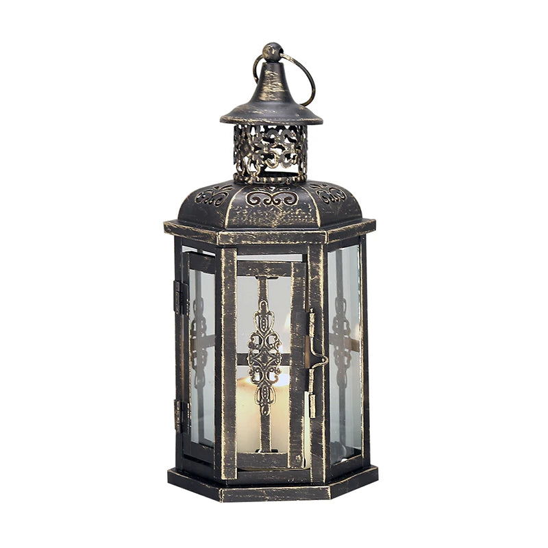 Nutshell vintage candle holder lanterns with intricate metal design and glass panels