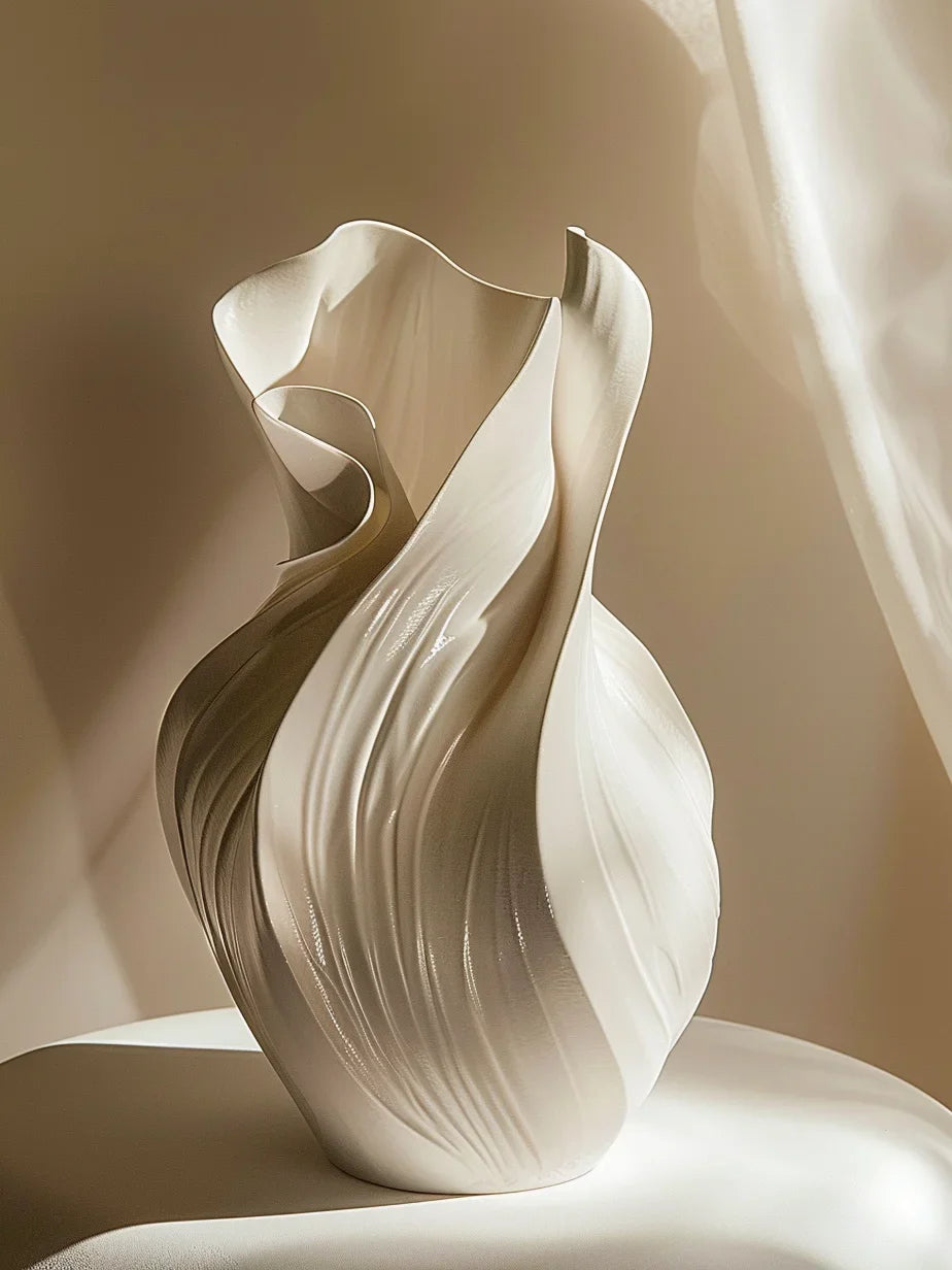 Nutshell Nordic abstract ceramic vase with flowing sculptural design in creamy white