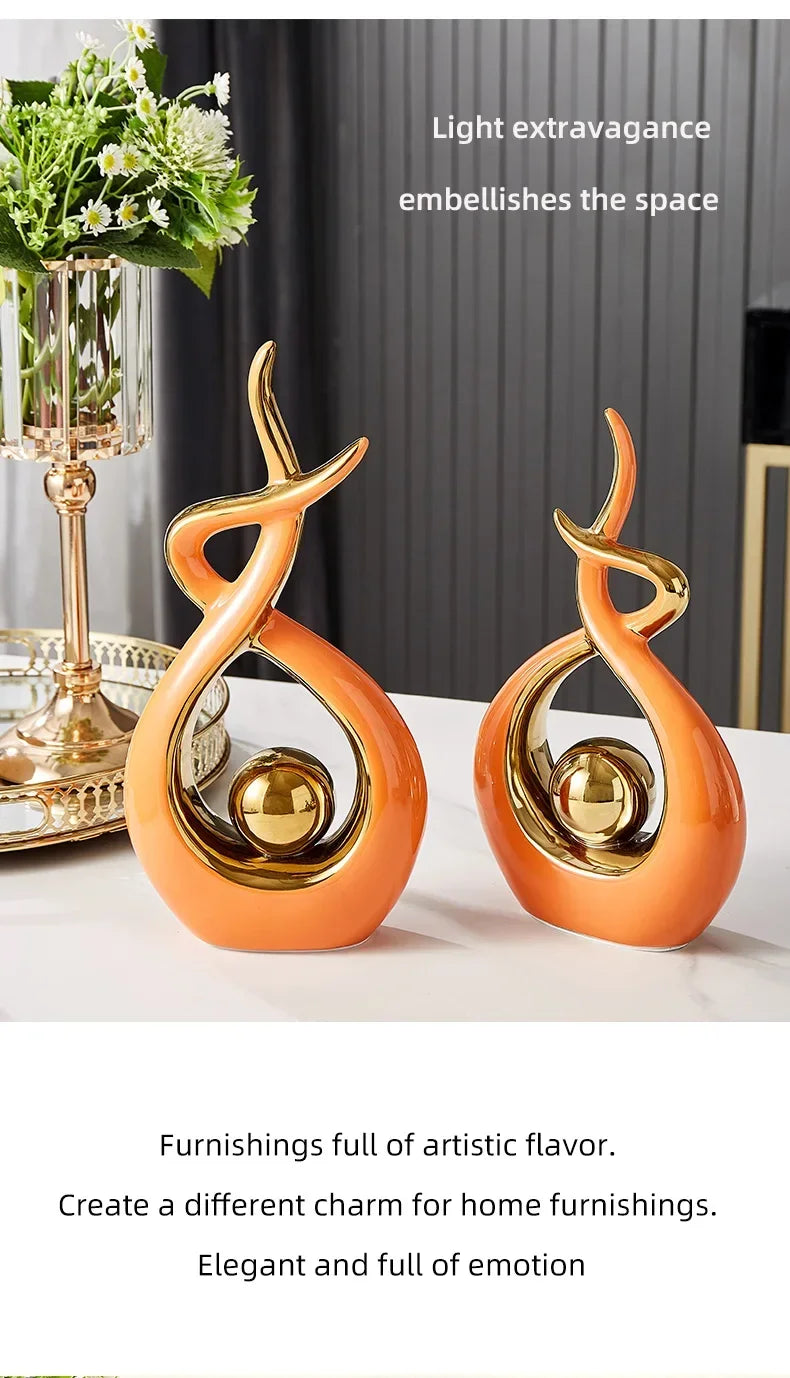 Nutshell orange and gold Nordic home decor figurines vase set with artistic and elegant design