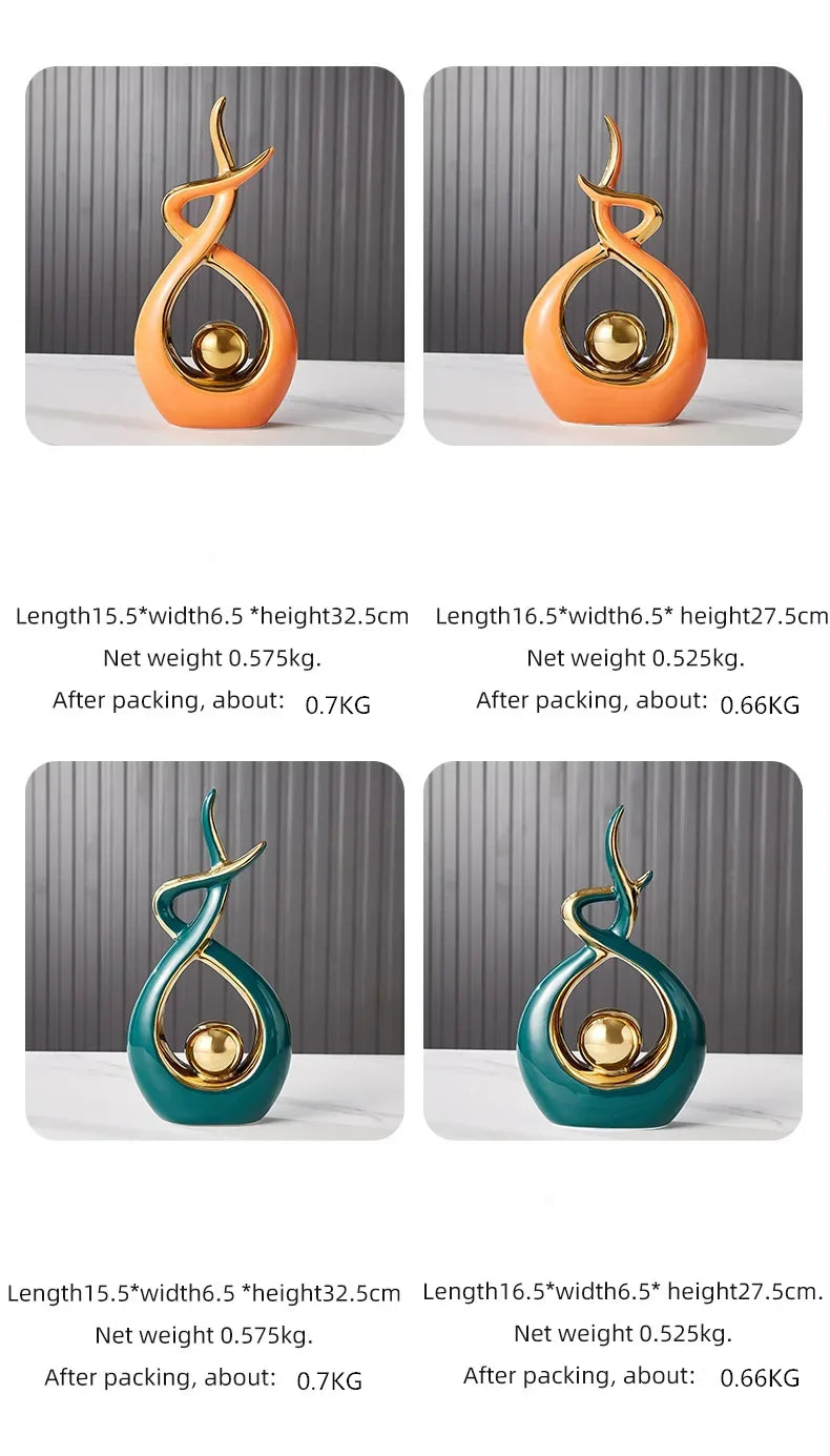Nutshell modern vases featuring Nordic home decor figurines in orange and teal with gold accent balls