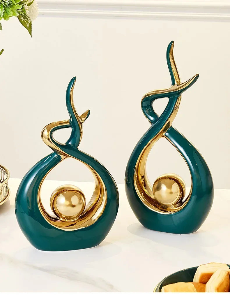 Nutshell vases designed as Nordic home decor figurines in glossy green and gold abstract shapes