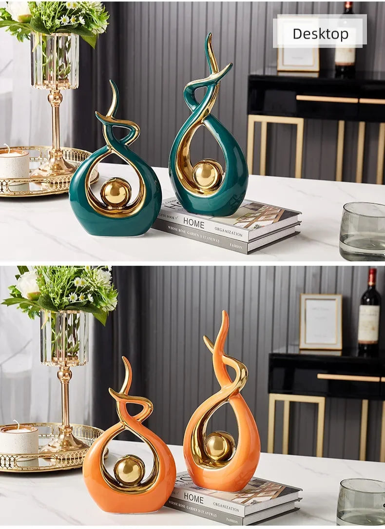 Nutshell Nordic home decor figurines vases in teal and orange with gold accents on a white table