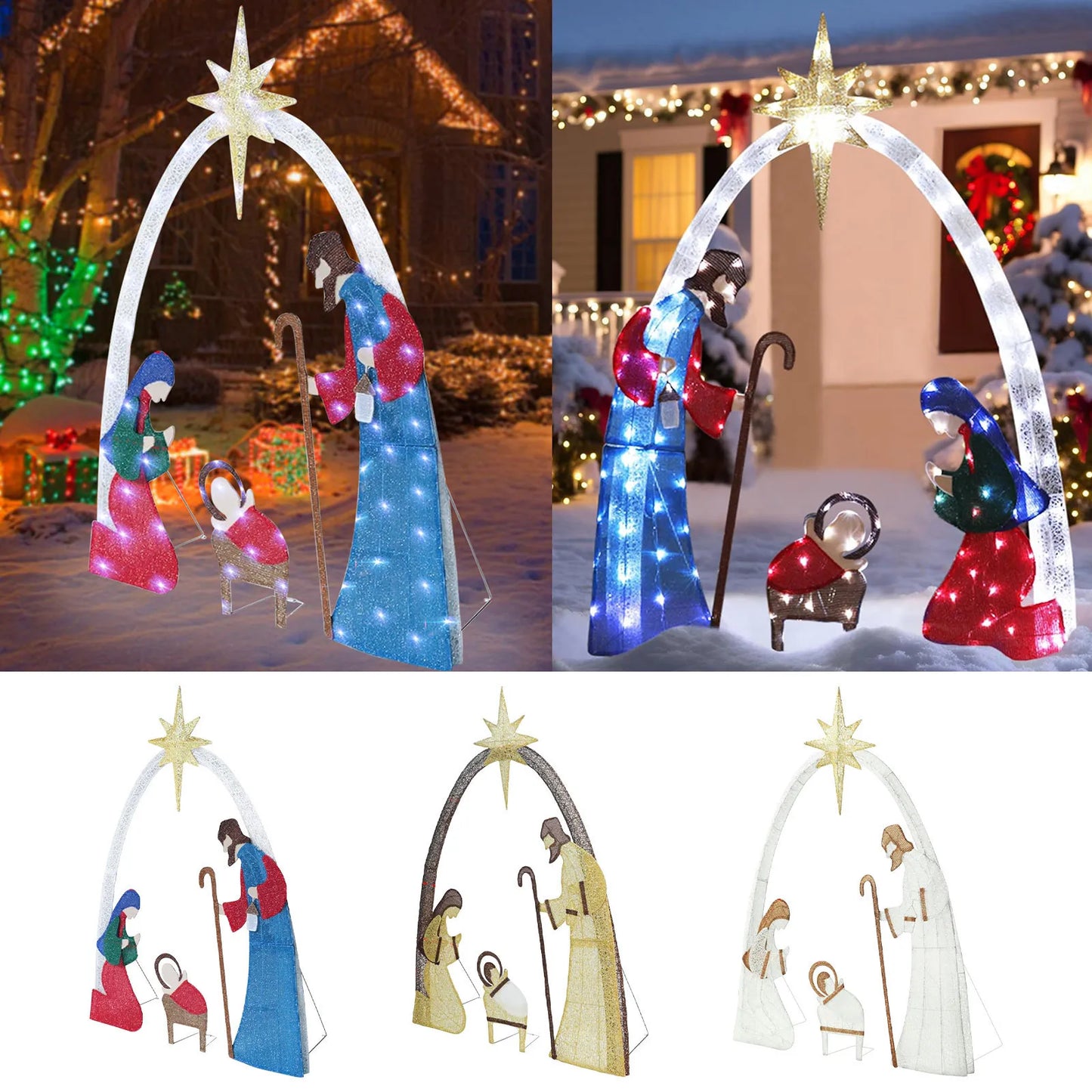 Nutshell outdoor lighted Christmas decorations featuring a nativity scene with vibrant lights