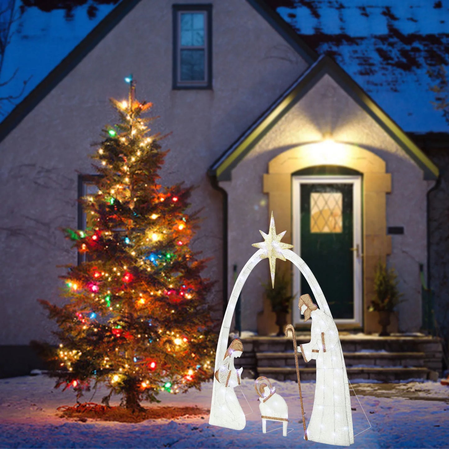 Nutshell outdoor lighted Christmas decorations featuring a nativity scene and colorful tree lights