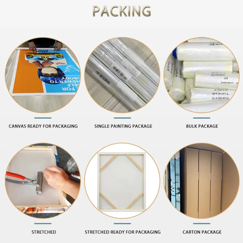 Packing process of oversized tree of life canvas art showing various packaging stages