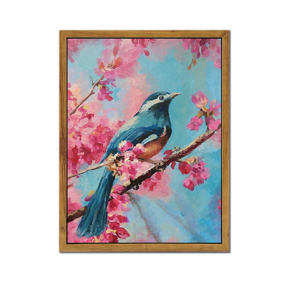 Vibrant pink bird decorative wall art featuring a blue bird perched among blooming flowers