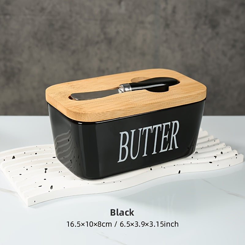 Nutshell porcelain butter box with bamboo lid featuring a black design and included butter knife