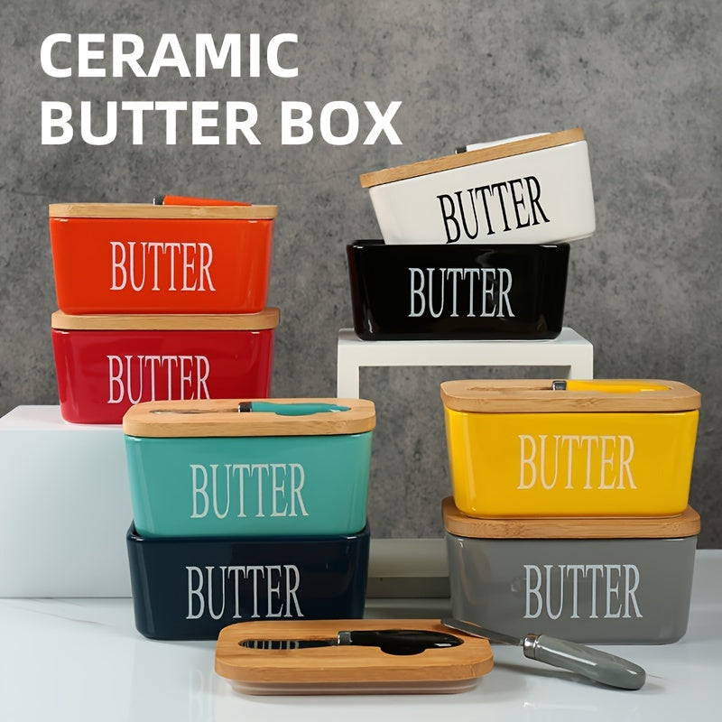 Colorful porcelain butter box with bamboo lid for stylish kitchen organization