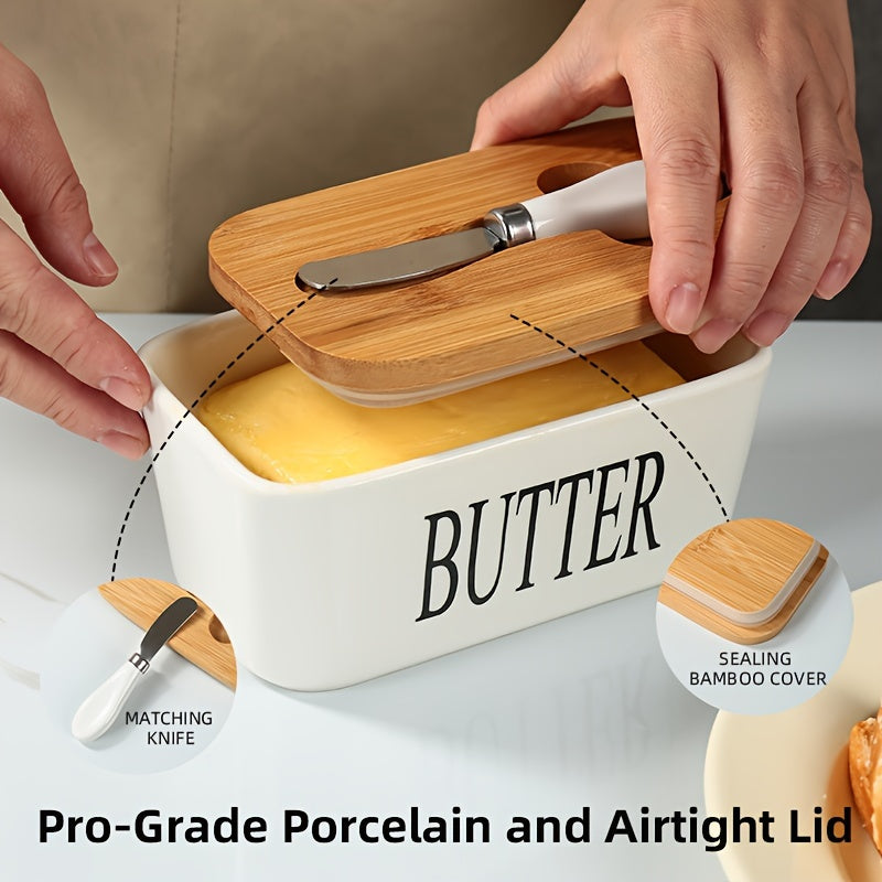 Nutshell porcelain butter box with bamboo lid for a stylish kitchen organization and easy butter access