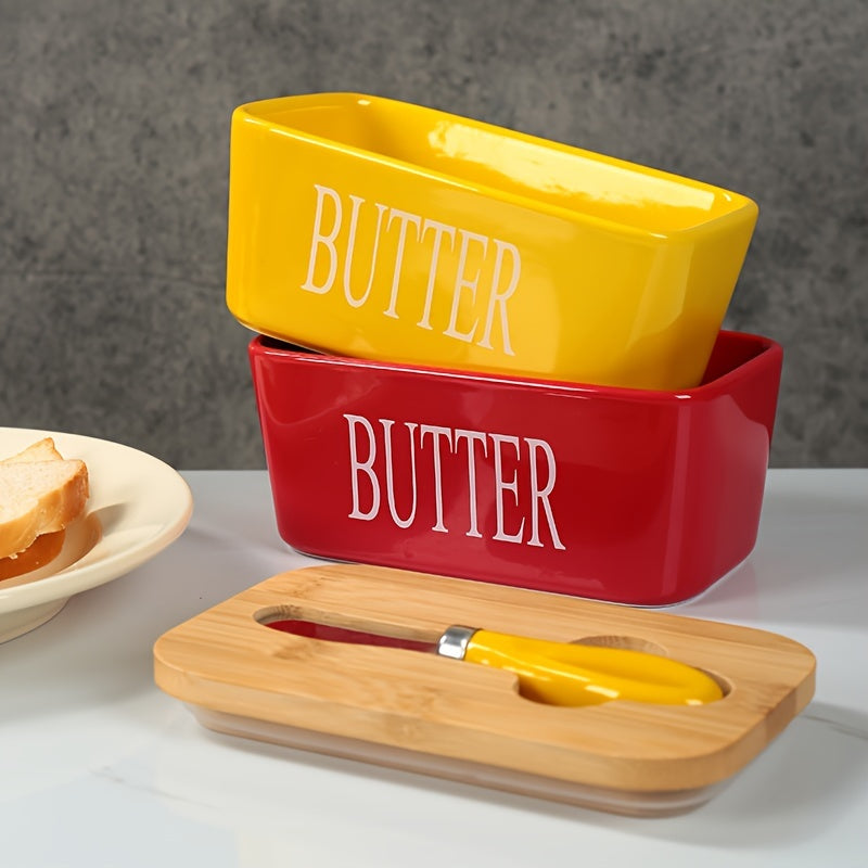 Nutshell porcelain butter box with bamboo lid, featuring yellow and red containers for stylish kitchen organization