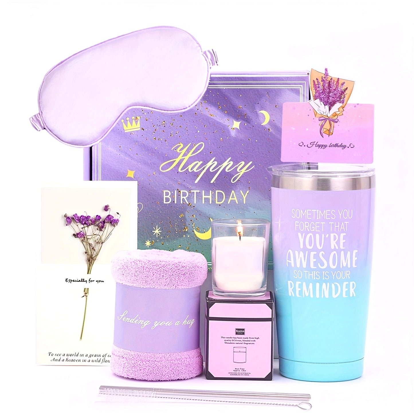 Purple Relaxation Gift Set With Travel Mug featuring a candle, eye mask, and inspirational cards