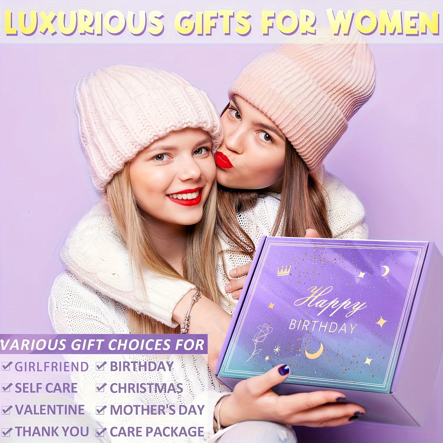 Purple Relaxation Gift Set With Travel Mug in a Birthday-themed box for women, perfect for gifting.