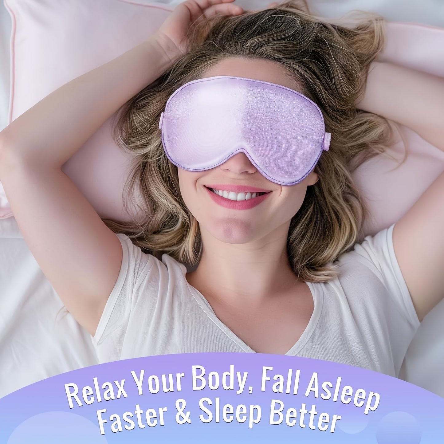 Purple Relaxation Gift Set With Travel Mug featuring a woman wearing a lavender sleep mask in a cozy setting