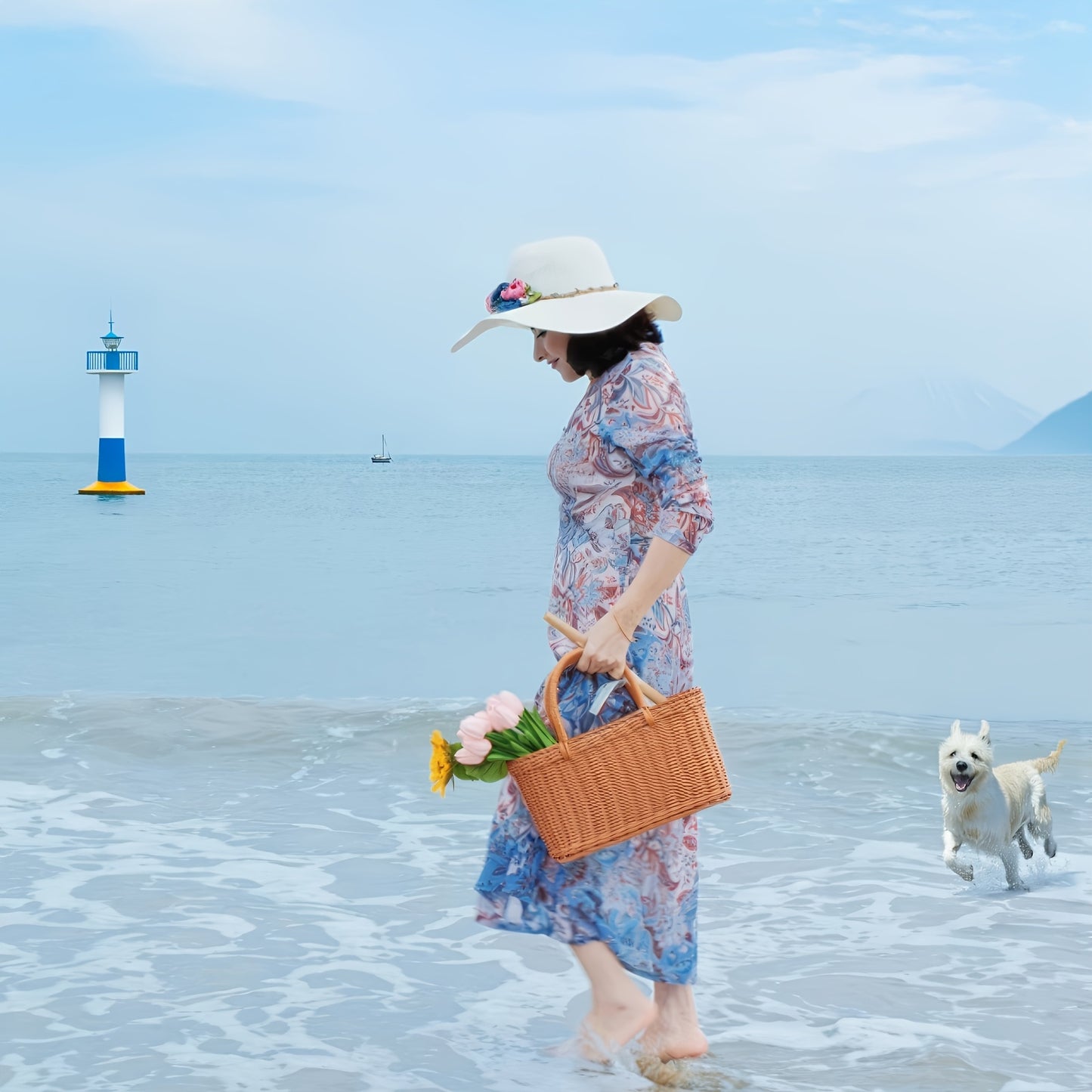 Woman in a floral dress walking by the beach with a rattan picnic basket and flowers
