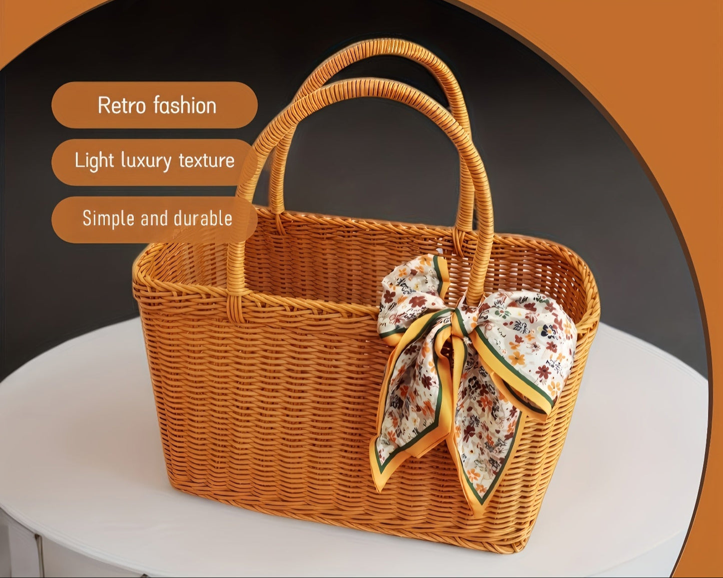 Nutshell rattan picnic basket with a vintage design, durable build, and a decorative scarf bow