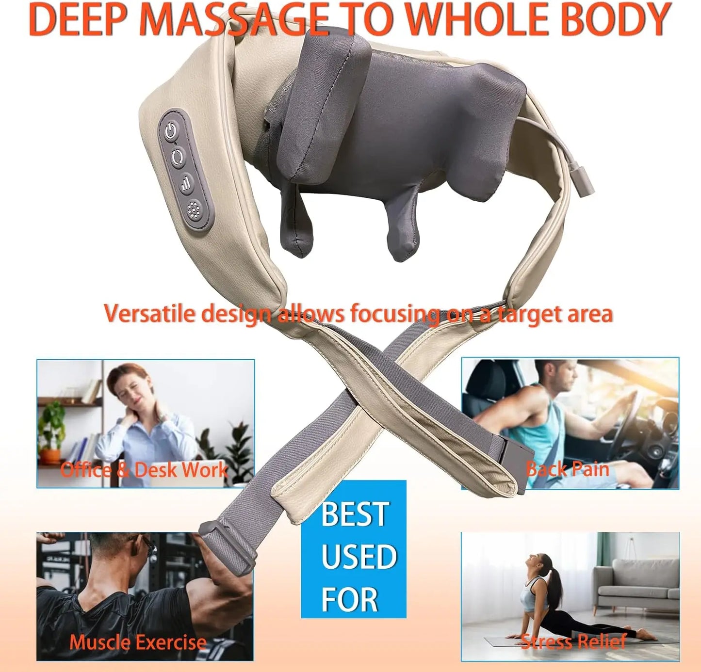 Nutshell wireless neck and shoulder massager beige wearable with ergonomic straps and control buttons for office and home relief