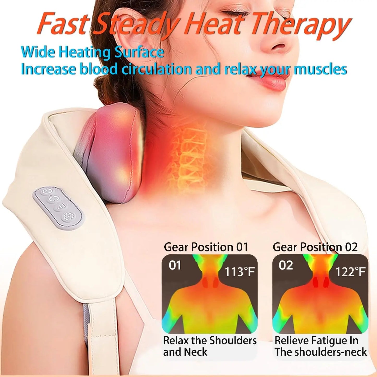 Nutshell wireless neck and shoulder massager beige worn by woman showing heat therapy and control pad