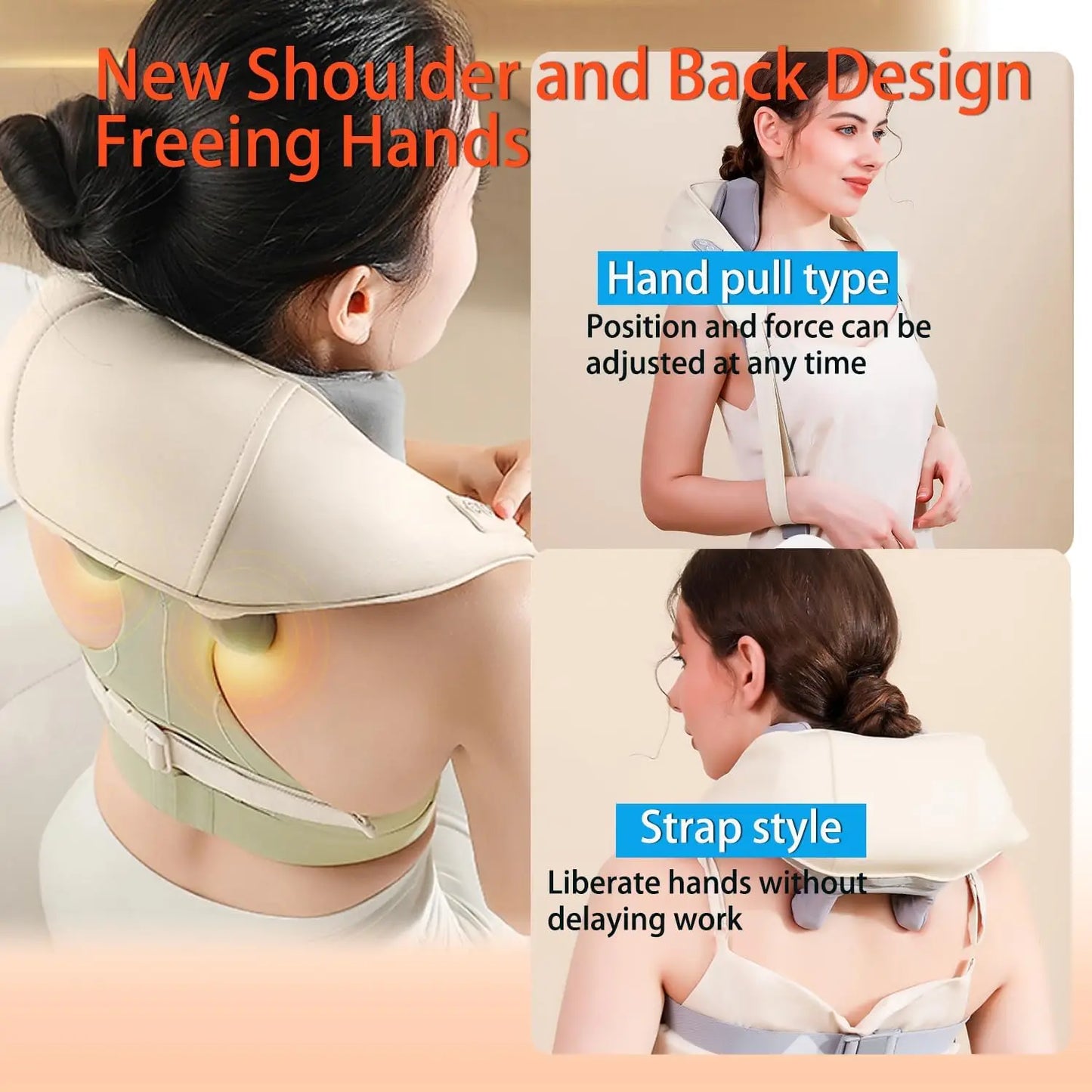 Nutshell wireless neck and shoulder massager beige hands free shoulder and back design with strap and hand pull