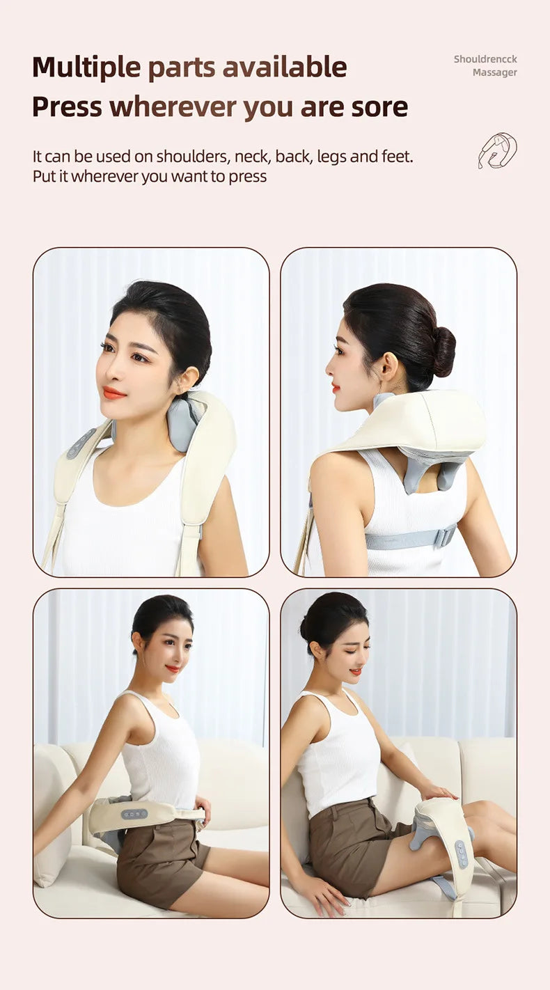 Nutshell wireless neck and shoulder massager shown on model using on neck shoulders back and legs