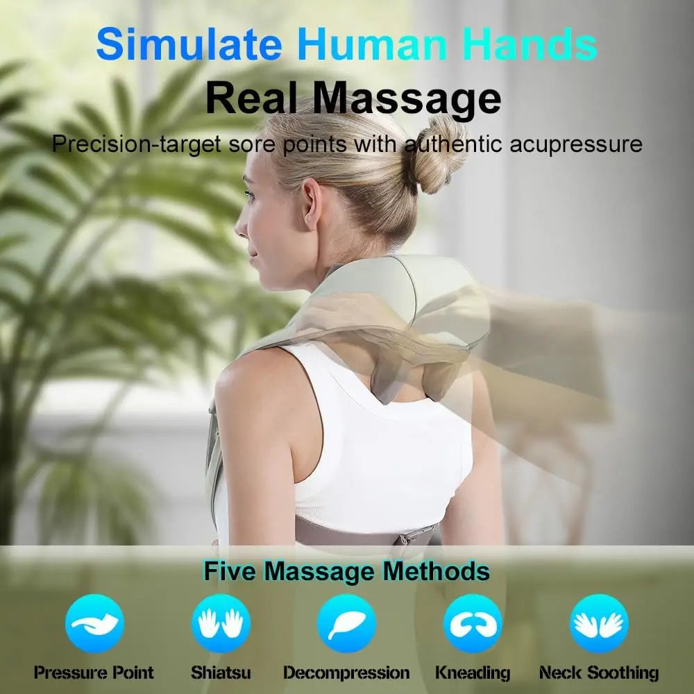 Nutshell wireless neck and shoulder massager on a woman from back simulating human hands shiatsu and kneading