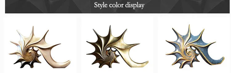 Nutshell resin conch Nordic statue decor in three color variations showcasing metallic silver, gold, and blue finishes
