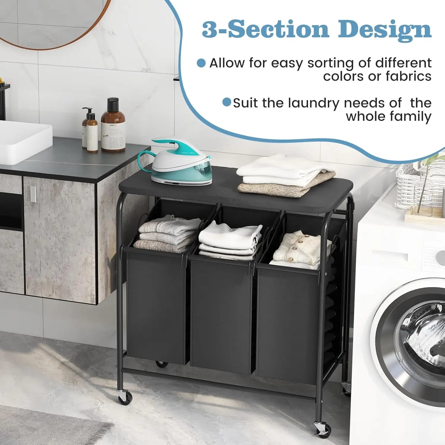Rolling Laundry Sorter Cart with Ironing Board featuring 3-section design for easy sorting of laundry