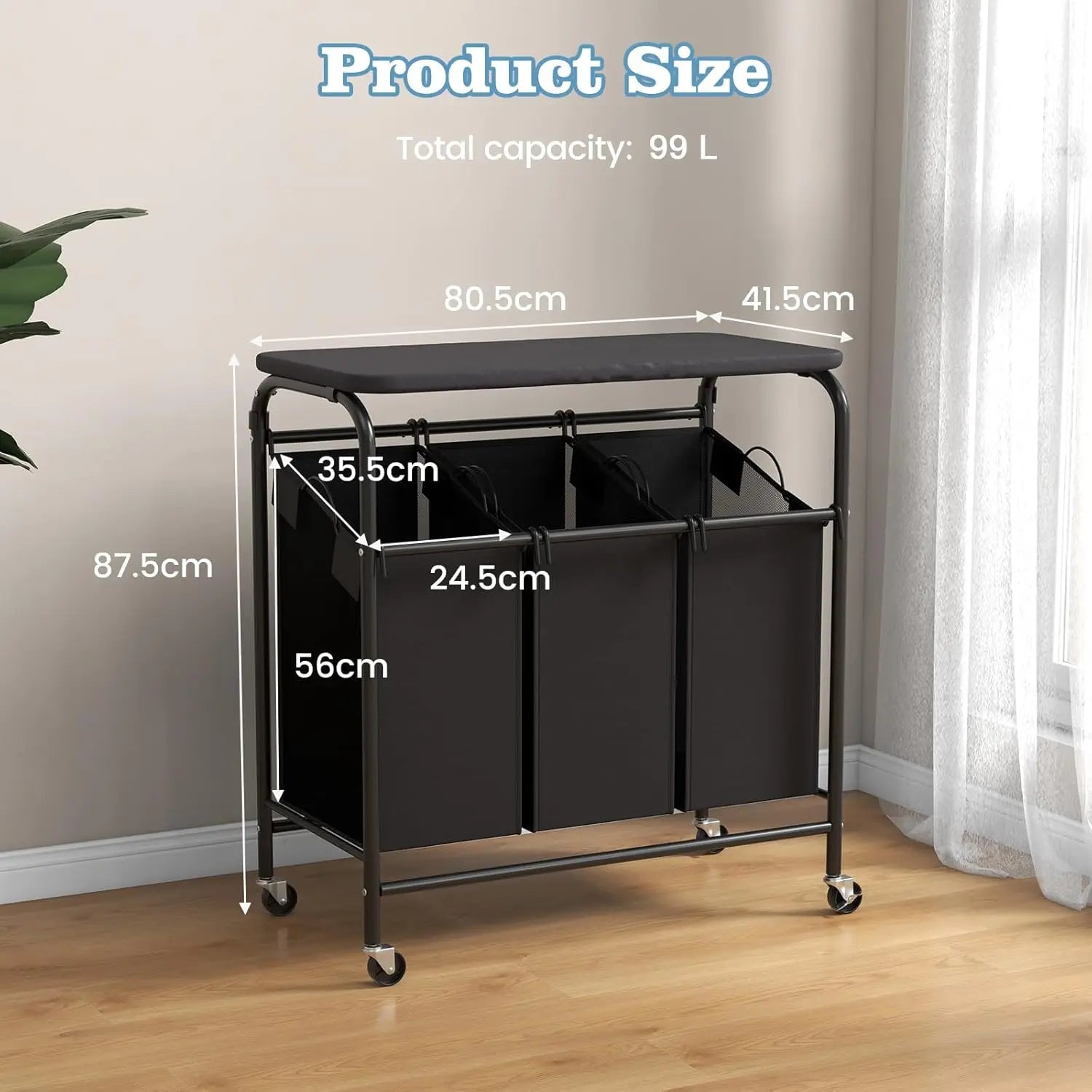 Nutshell Rolling Laundry Sorter Cart with Ironing Board features three compartments and a total capacity of 99 L