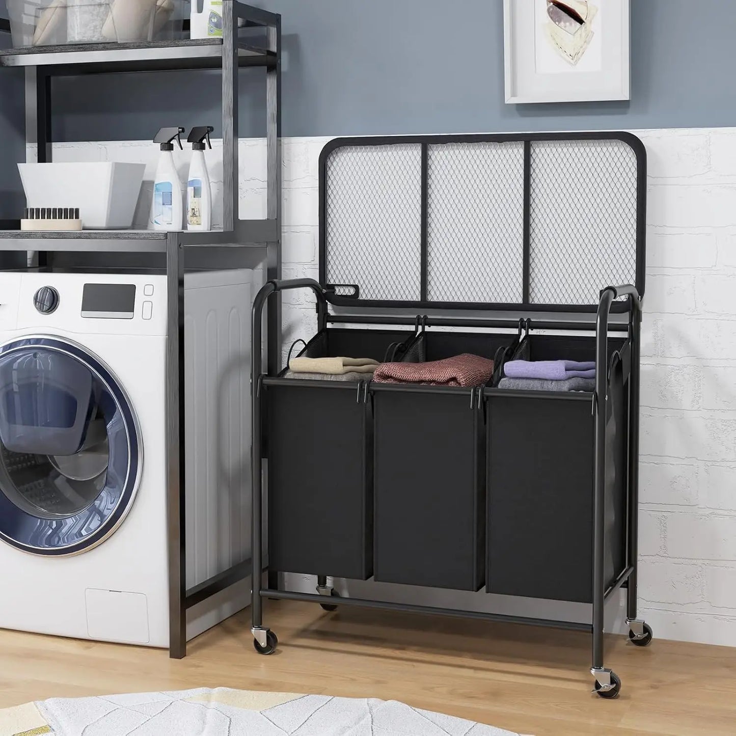 Nutshell Rolling Laundry Sorter Cart with Ironing Board and three bins for efficient laundry organization