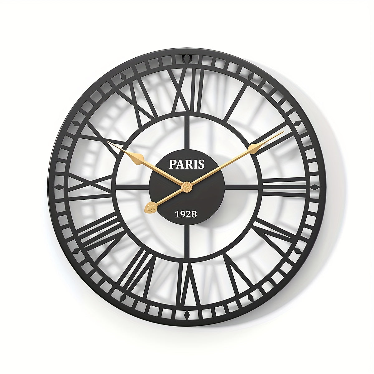 Nutshell Roman numeral wall clock with elegant black metal design and gold hands