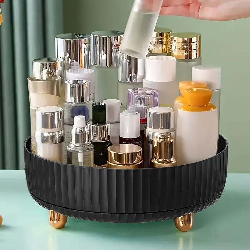 Stylish Rotating Makeup and Perfume Organizer with multiple compartments for easy access to beauty products