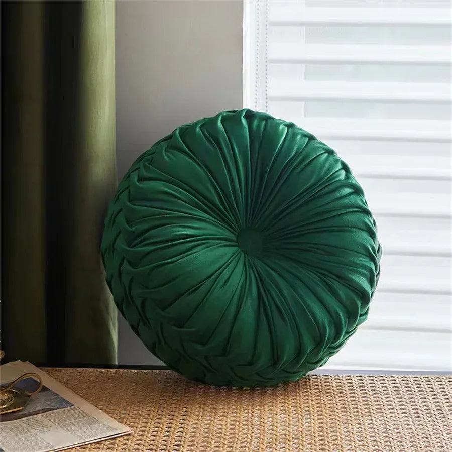 Nutshell round pumpkin pillow in dark green velvet with gathered pleats for decorative cushion