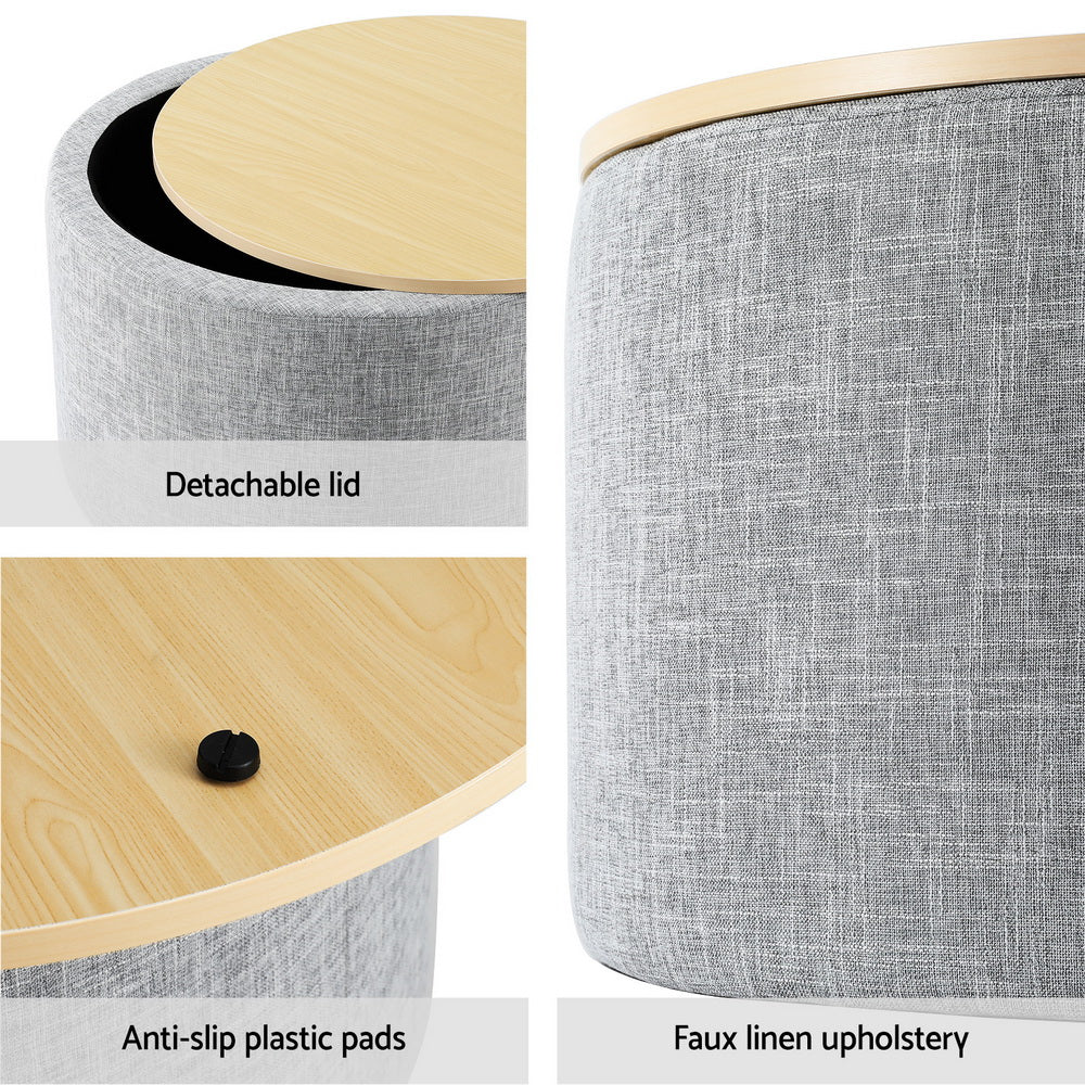Nutshell round storage ottoman with detachable wooden lid, faux linen upholstery, and anti-slip plastic pads