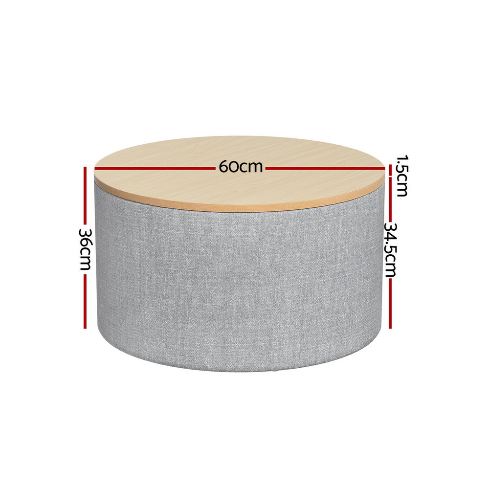 Nutshell round storage ottoman with grey fabric body and wooden top measuring 60cm diameter